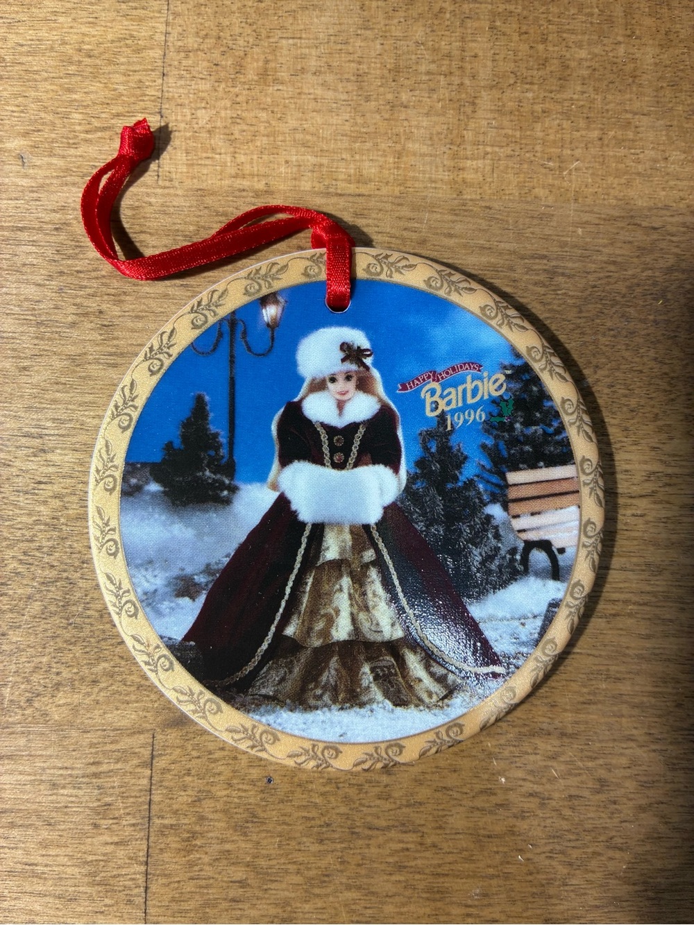 1996 Enesco Barbie Happy Holidays Porcelain Christmas Ornament 188824 Box